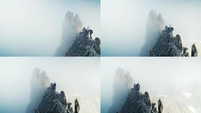 攀登欧洲阿尔卑斯山的尖峰。专业设备，鸟瞰图