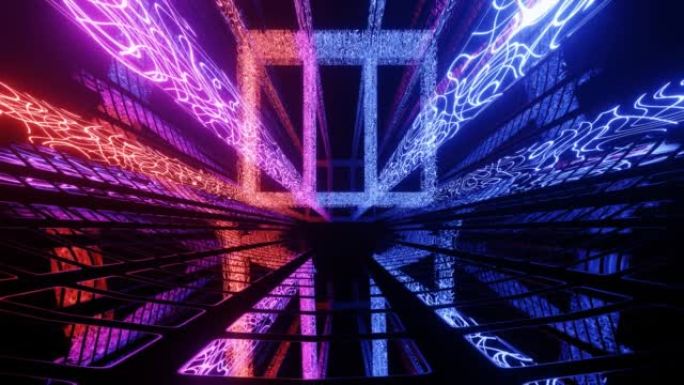 高科技霓虹灯科幻tunel。时尚的霓虹灯辉光线在镜面隧道中形成图案和结构。飞越技术网络空间。3d循环
