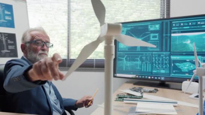 高级发明家在显示屏中研究风车的未来现实技术，设计风轮机场的组件，技术和环境的概念