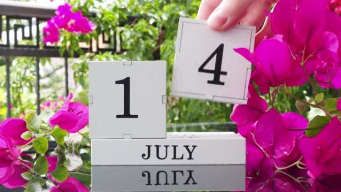 一个木制日历，有一个重要的活动，7月14日在一张有芙蓉花的桌子上，女人的手在日历上设定了日期。将日历