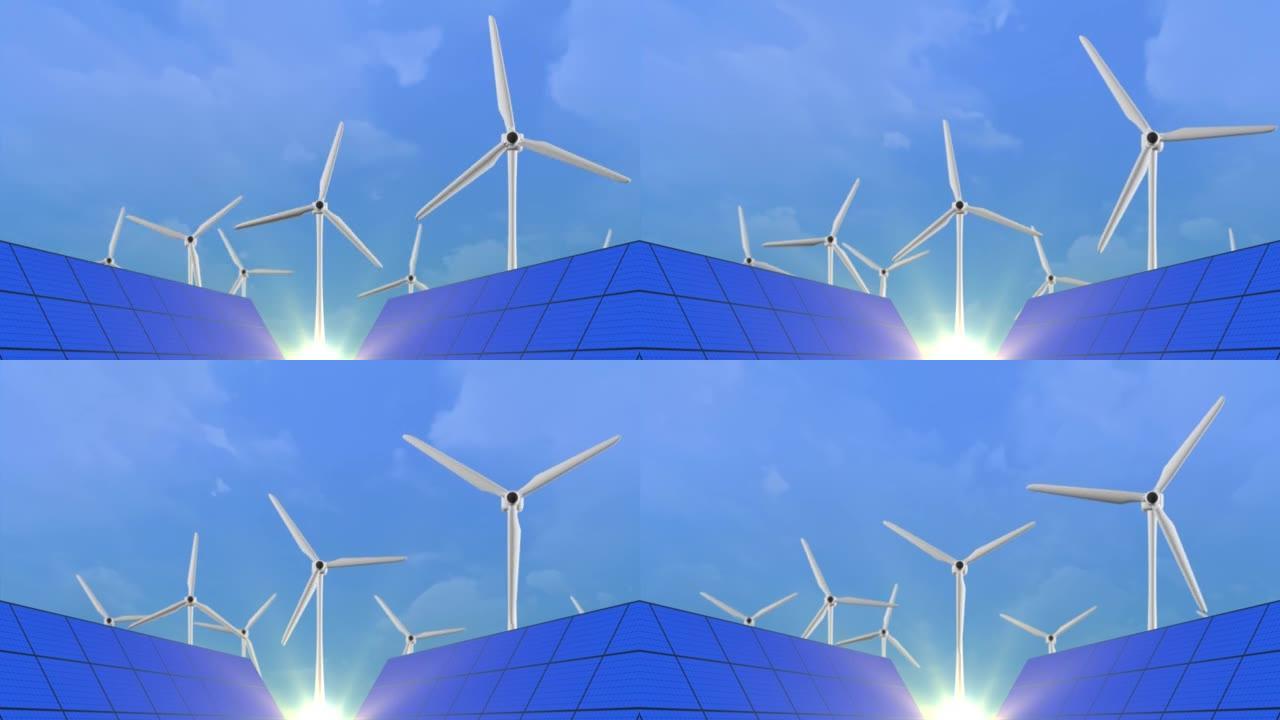 生态绿色能源概念循环动画风力涡轮机和太阳能电池板绿色发电。