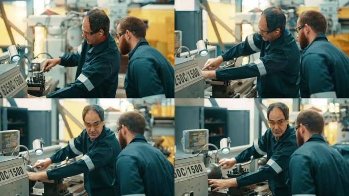 在船舶仓库的维修和保养过程中，两名工程师在查看机械时交谈。穿着制服的男性船东在船仓的航海设备上工作