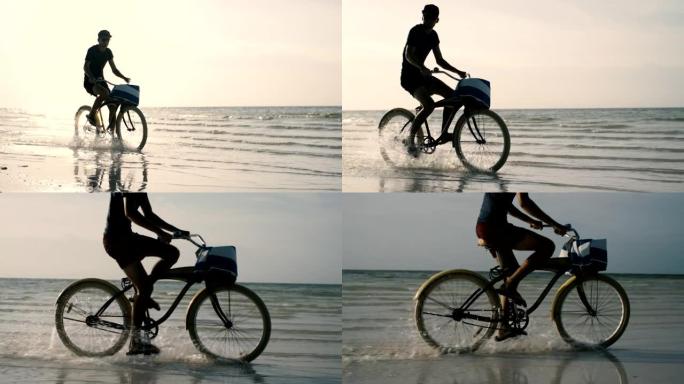 年轻人在海滩上骑自行车穿过退潮