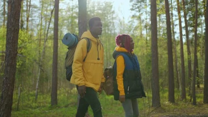 黑人夫妇双手朝湖边走去。非裔美国人徒步旅行，女人和男人带领着森林中的美丽山峰