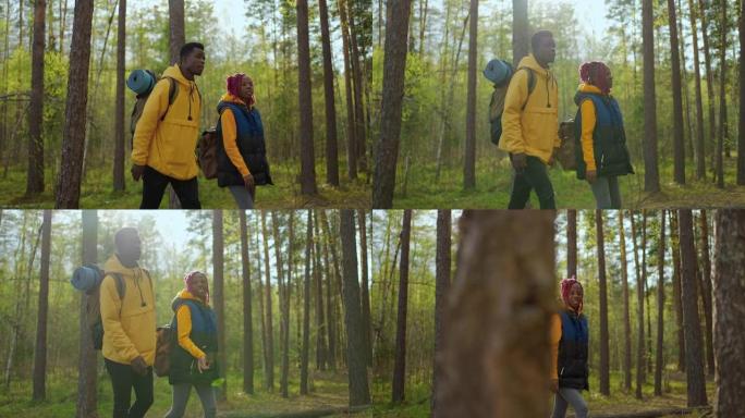 黑人夫妇双手朝湖边走去。非裔美国人徒步旅行，女人和男人带领着森林中的美丽山峰