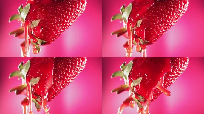 草莓流出汁的慢动作宏观镜头