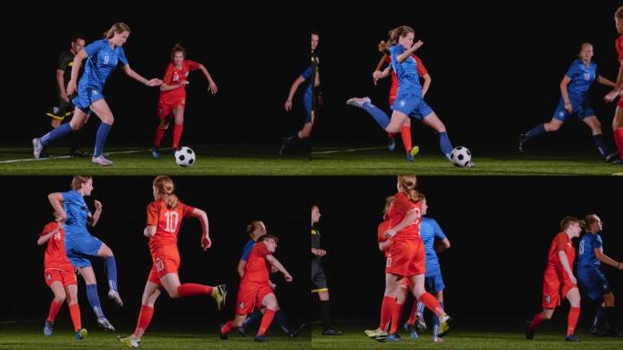 穿着蓝色服装的SLO MO TS女足球运动员在晚上的比赛中踢球