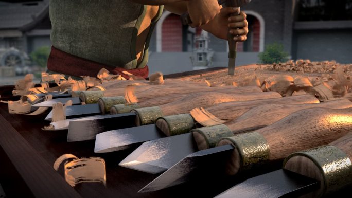 高清三维工匠 木匠传统工艺工具 古代工人