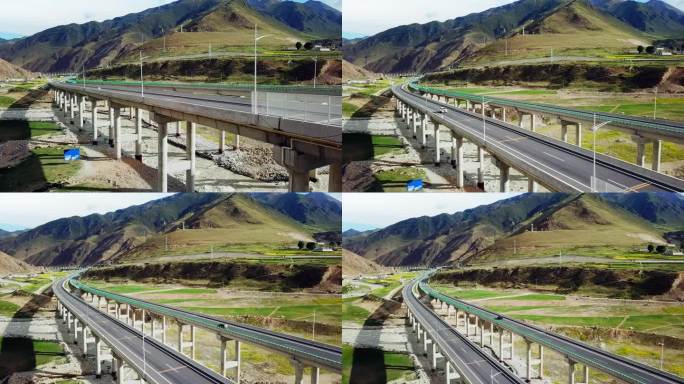 青藏公路群山中国道高架弯道高速路车辆行驶