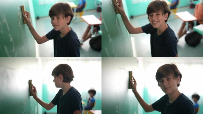 一个男孩在教室里擦黑板的肖像