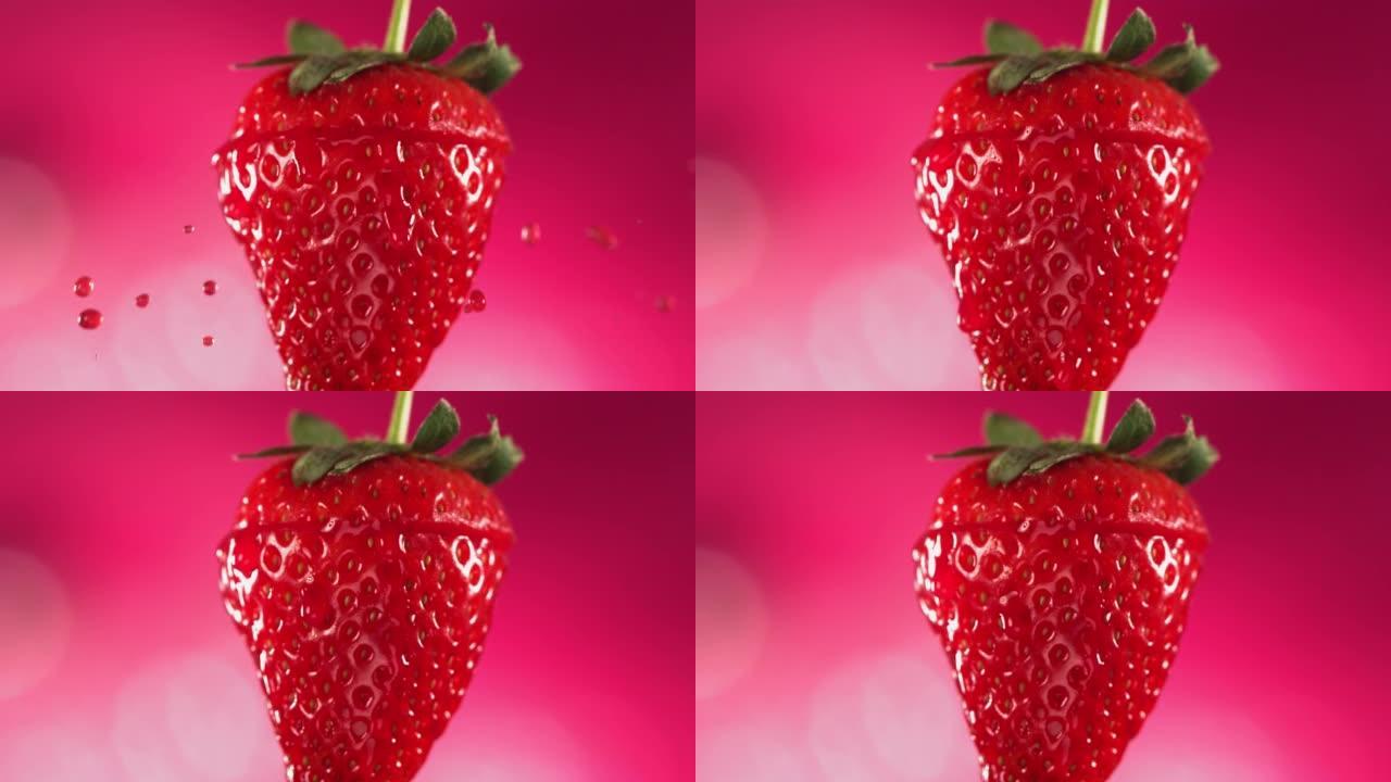 草莓切片掉落并溅到粉红色背景上。食物悬浮概念。慢动作