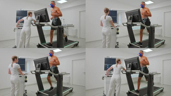 男运动员在诊所的跑步机上进行心肺压力测试