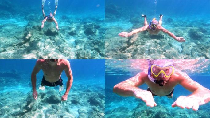 夏天在海里浮潜。男人在水里游泳和玩耍。水下射击