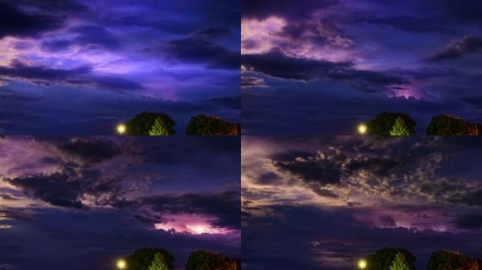 乡村美丽充满活力的紫色夜空。在暴风雨的天空中可见的一系列闪电。时间流逝