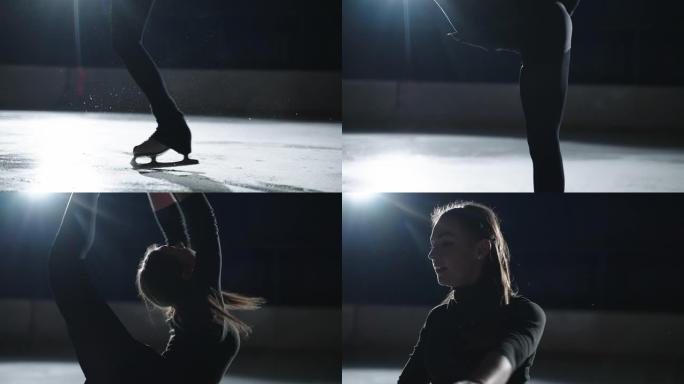 花样滑冰的年轻女冠军正在溜冰场上训练，表演比尔曼旋转，运动的年轻女子正在锻炼