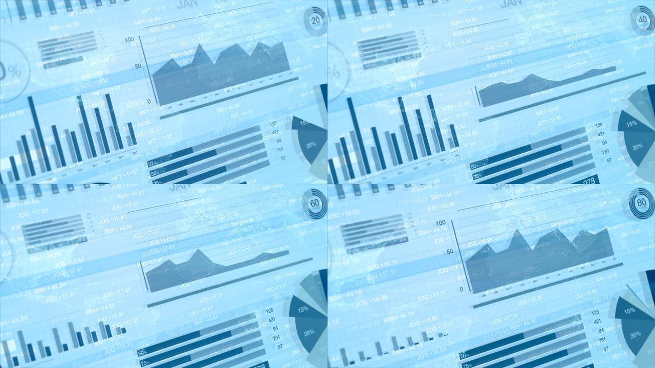 营业税数据股市可视化显示饼图，数字和蓝色背景上的白色和黄色图形。用4k制作的3D动画。