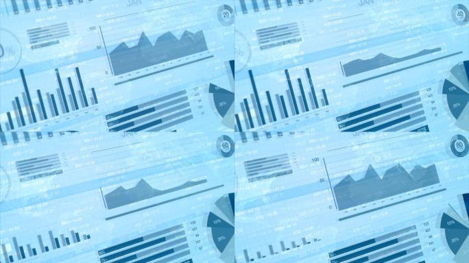营业税数据股市可视化显示饼图，数字和蓝色背景上的白色和黄色图形。用4k制作的3D动画。