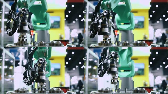 机器人机器制造零件在工厂的工厂运行。