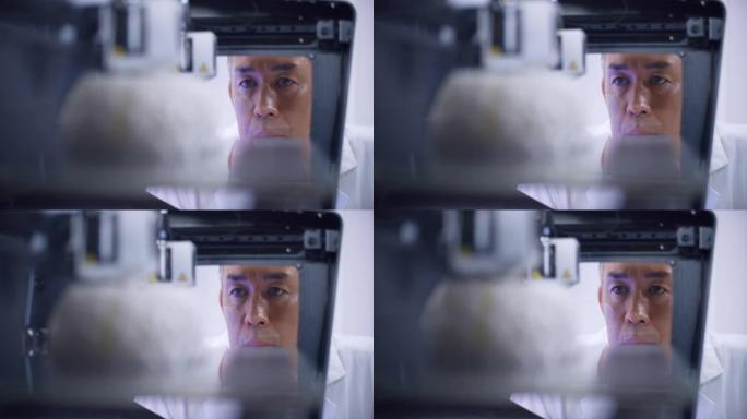 LD亚洲男性生物医学工程师在3D打印机中俯瞰大脑模型的构建