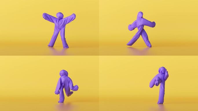 3d渲染，男子穿着充气紫罗兰万圣节服装，卡通人物在黄色背景上跳舞。有趣的吉祥物循环动画，现代最小无缝