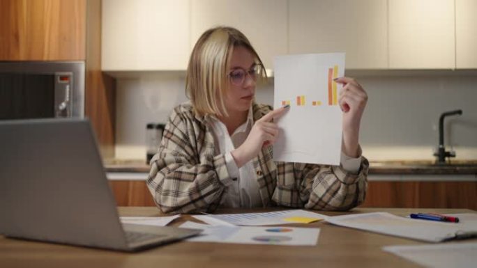 在家中戴眼镜的女人坐在厨房里，对着笔记本电脑的相机显示一张图表。家庭办公室远程工作。用图表和表格进行