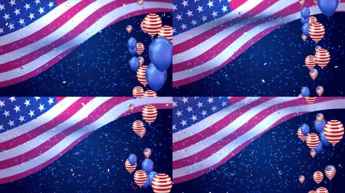 运动背景与气球和烟花3D挥舞美国国旗环路