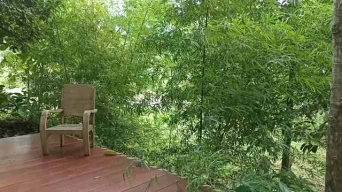 竹树花园露台上的木椅。慢动作