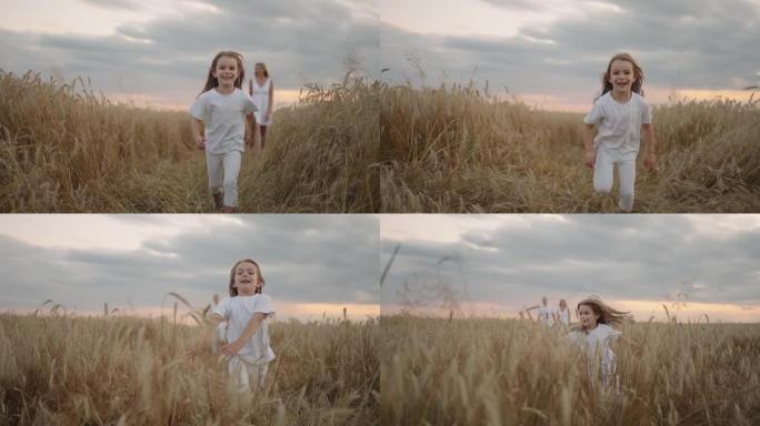 慢动作，一个4-5岁的小女孩在日落时分在田野里奔跑，看着相机快乐而自由。快乐的童年。日落时在田野里奔