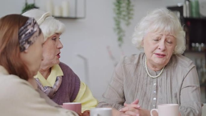 老年女性在家闲聊喝茶，老年友谊