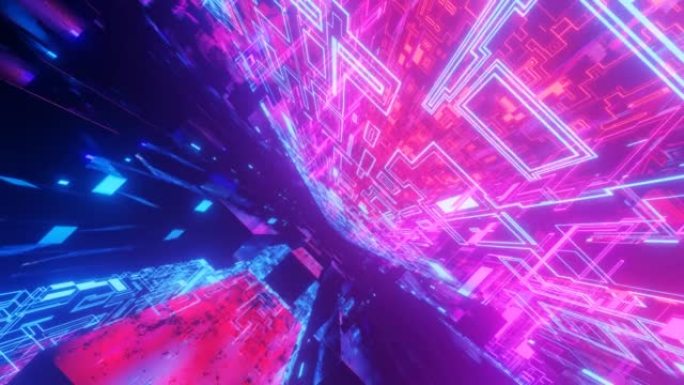蓝红色霓虹灯在科技网络空间中飞翔。通过高科技技术隧道的科幻飞行。辉光线形成像科幻全息图一样的图案。3