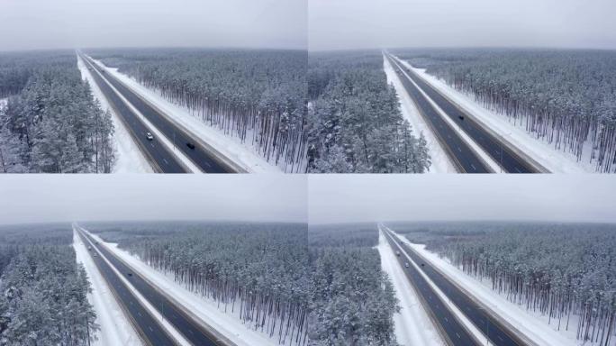 白色汽车和白色货车在雪前视图中沿着树木之间的道路行驶