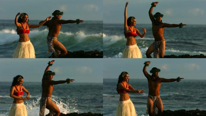 波利尼西亚舞者在海洋中表演，慢动作