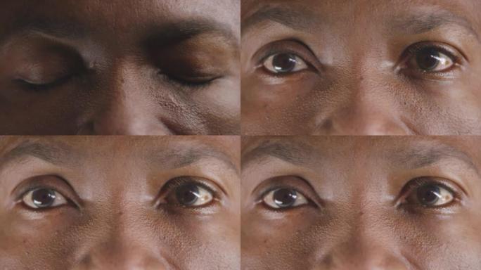 棕色皮肤开口的人的SLO MO LD眼睛露出带有白色圆圈的棕色虹膜