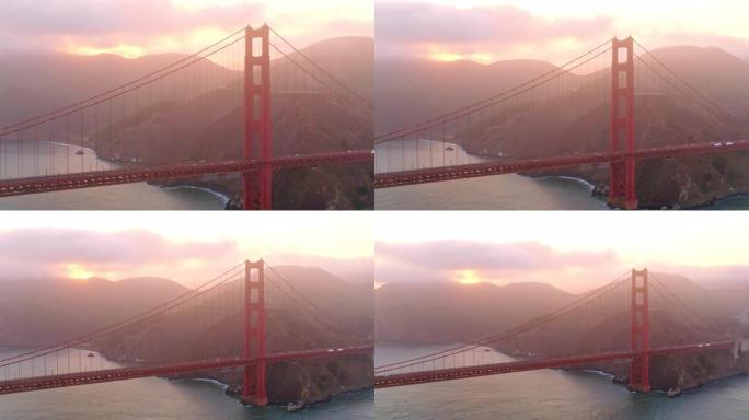 旧金山金门大桥和马林岬角后的日落