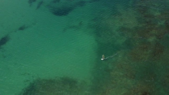 空中无人机在深绿色的海水上拍摄了风帆冲浪者