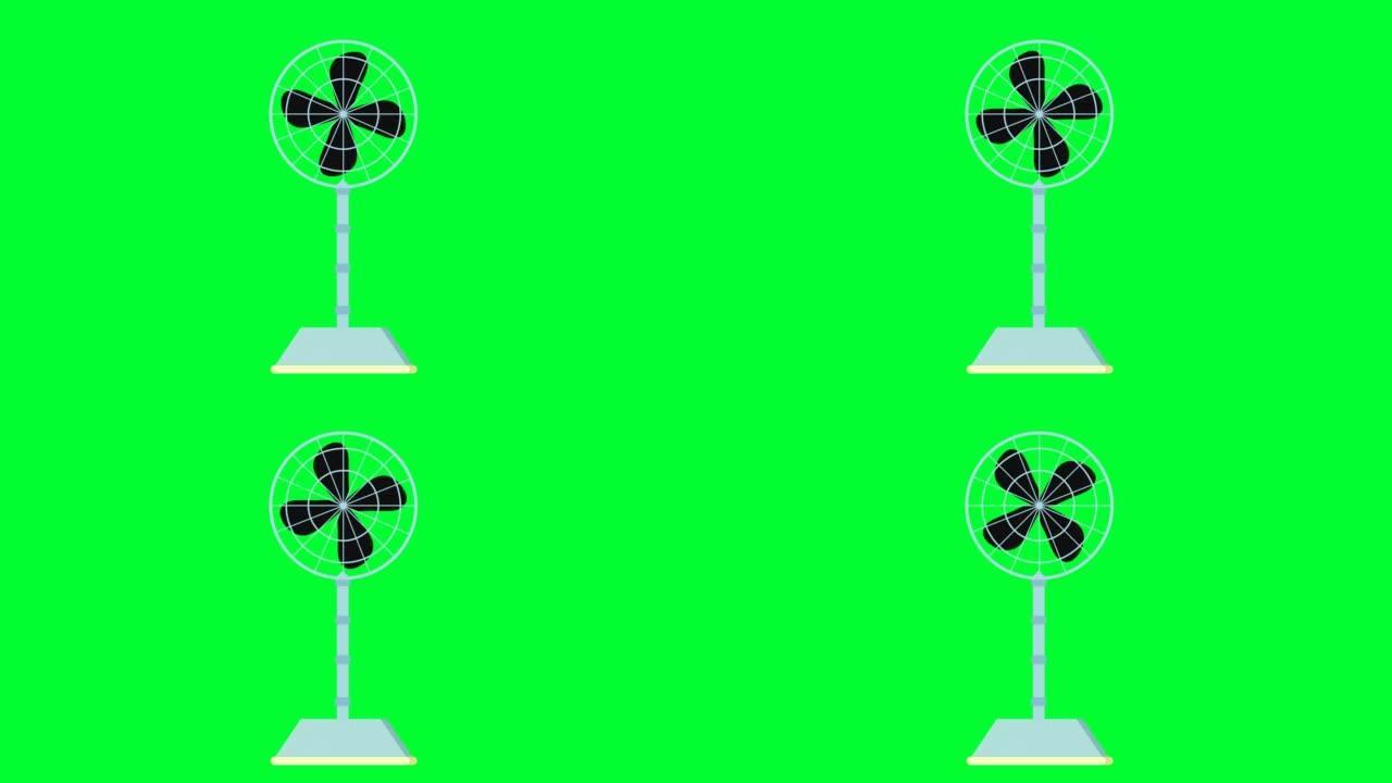 台扇和台扇绿屏动画。炎热夏季的2d卡通基座粉丝动画。