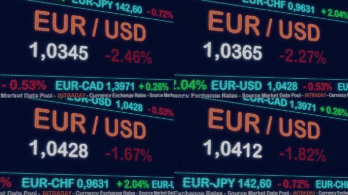 欧元-美元汇率，货币交易屏幕。