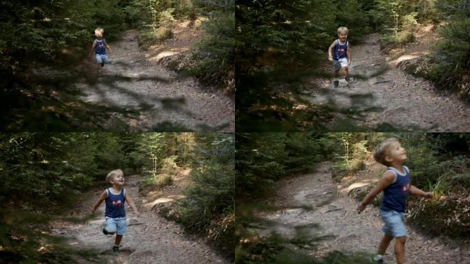 一个小男孩在树林里奔跑的细节镜头