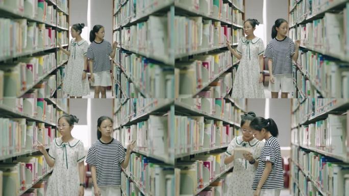 Little girl reading a book on bookshelf in the lib