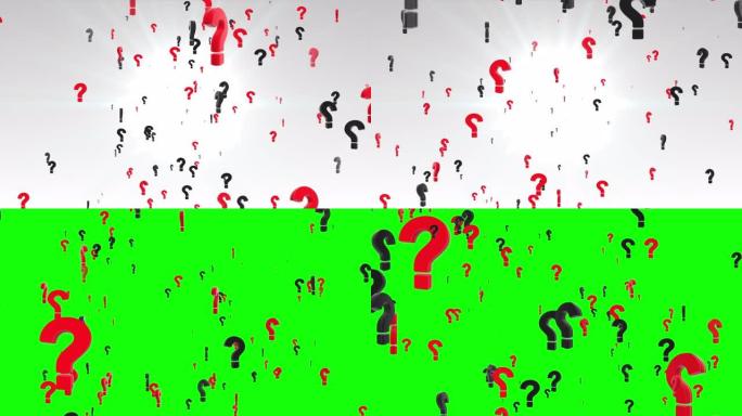 4K 3D动画很多红色黑色问号移动白色背景与绿色屏幕。