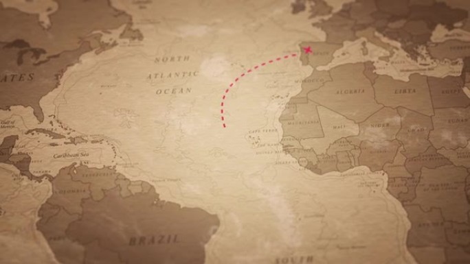旅行，冒险和发现。古老的地图动画，葡萄牙船只前往巴西。