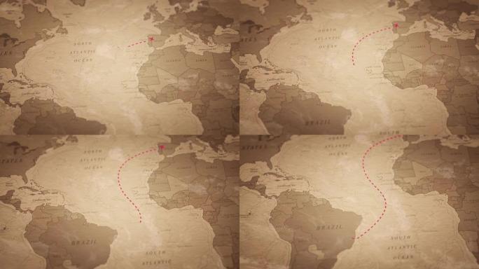 旅行，冒险和发现。古老的地图动画，葡萄牙船只前往巴西。