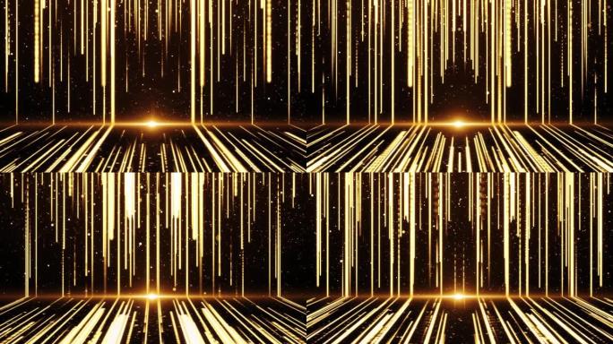 4K 3D墙壁的闪光抽象颗粒明亮的金色光线在地板上的豪华空间。魅力表面循环背景。