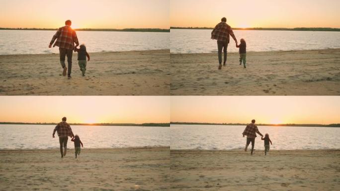 快乐的小男孩和他的父亲在日落时分在河边奔跑，家庭周末的幸福