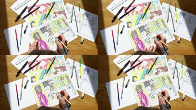 艺术家用铅笔在纸上画漫画人物。彩色故事板的插图图。