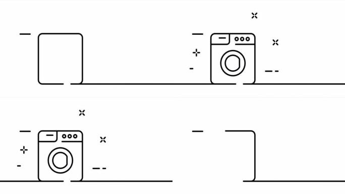 洗衣机。干净的衣服，亚麻，洗，水，粉末，肥皂，家。家用电器概念。一个线条画动画。运动设计。动画技术标