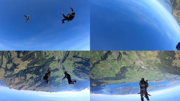 跳伞运动员从飞机上坠落，滑过山区空气