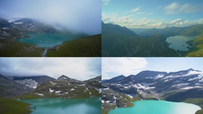 从上方看雄伟的阿尔卑斯山-过度失误。山峰之间的绿松石湖