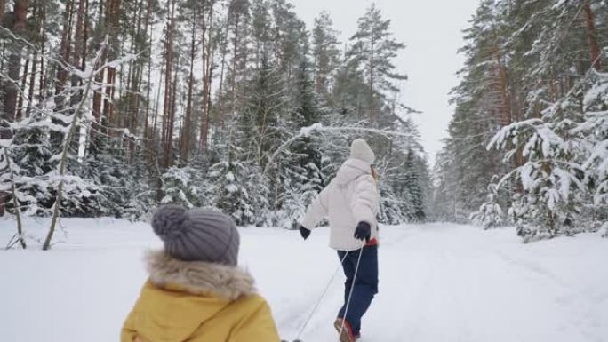 快乐的女人和她的小儿子穿着旧的木制雪橇在冬天在森林里散步