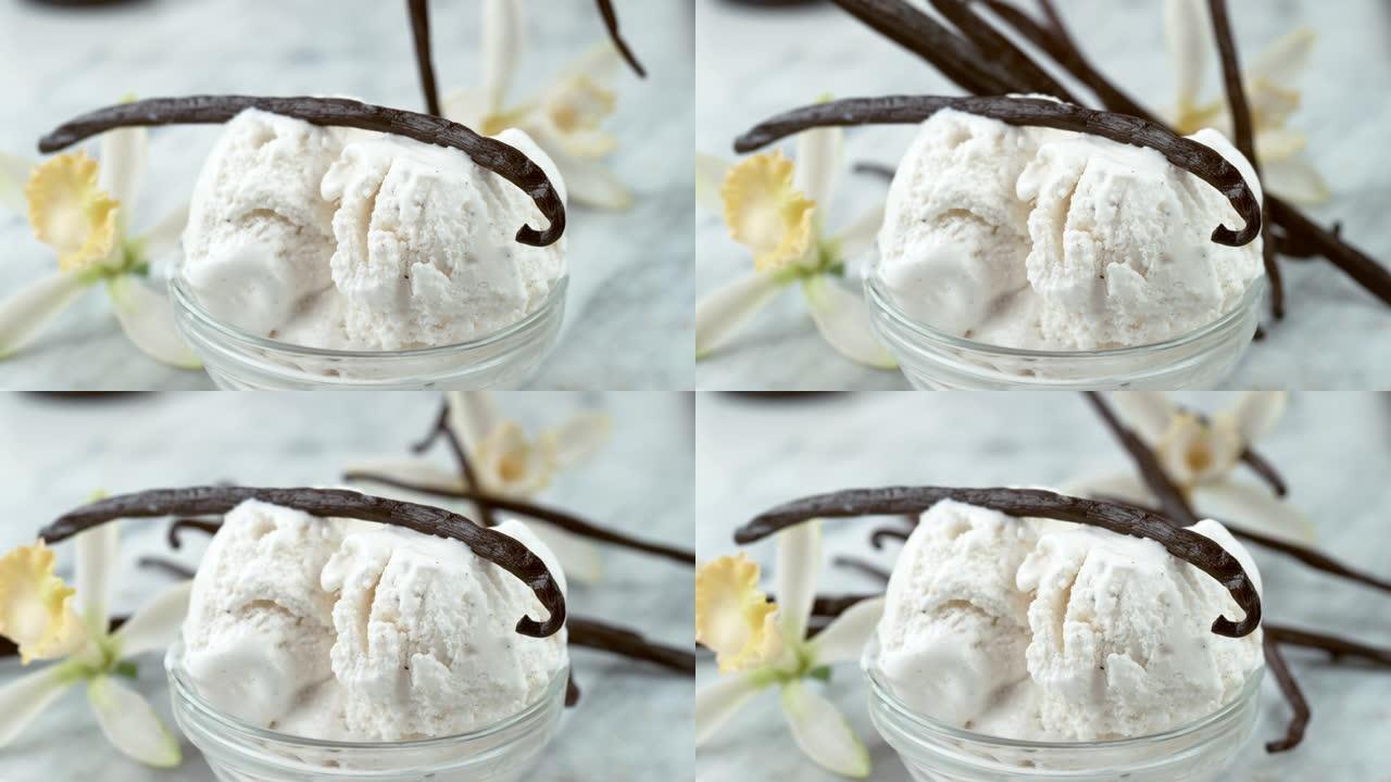 香草豆冰淇淋，慢动作。在幻影Flex 4k相机上拍摄。